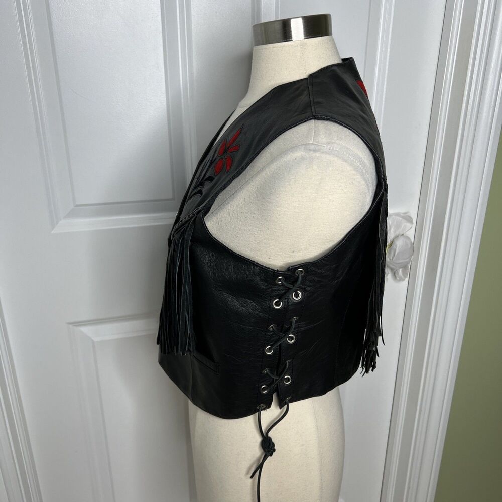 Silver Bike Leather Motorcycle Vest Red Floral Fringe Jacket L Festival Read - Picture 8 of 16